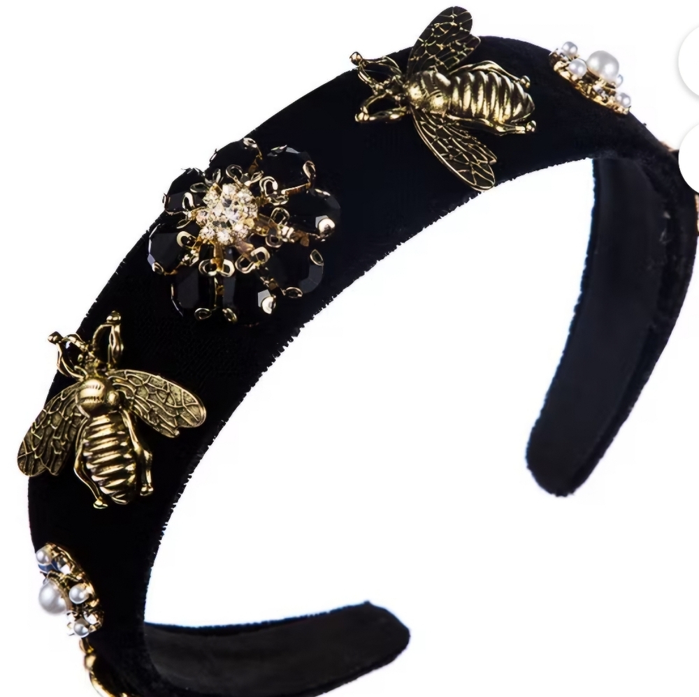 Elegant Black Headband with Metal Bee & Jewel Embellished Decor NWOT - Picture 2 of 4